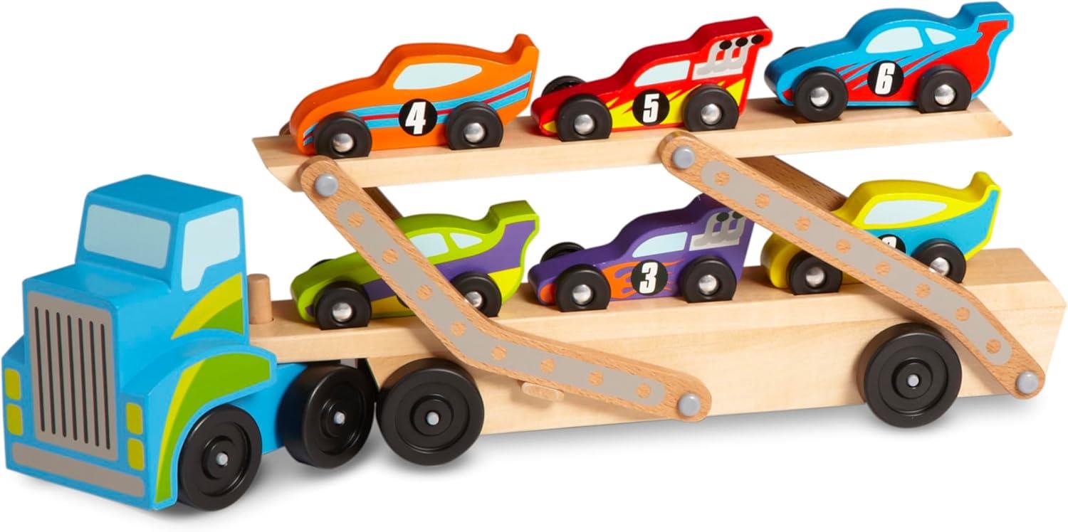 Melissa and Doug Wooden Mega Race Car Carrier with 6 Race Cars