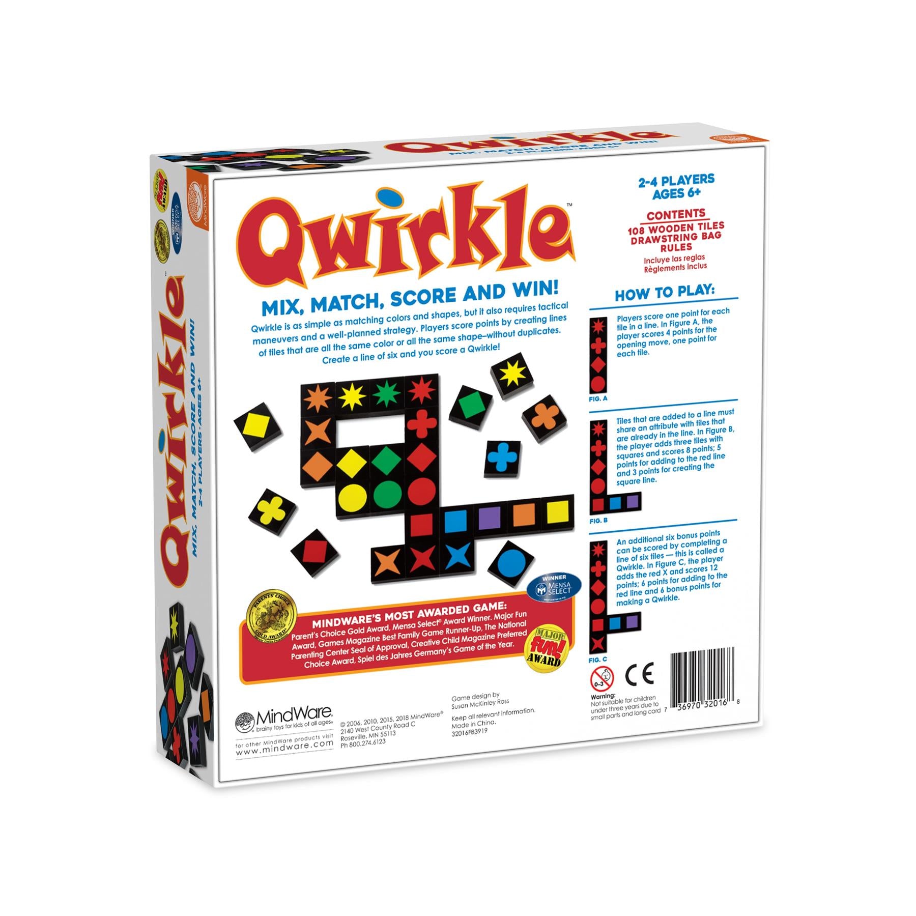 Qwirkle board game packaging with colorful shapes and text on a white background