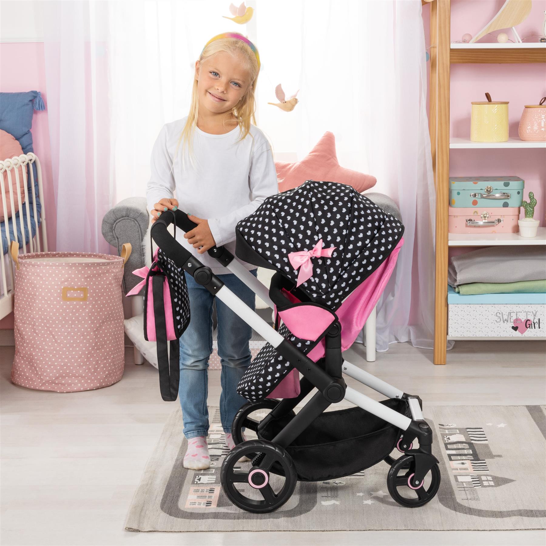 Bayer XEO Doll Pram Black With Pink Ribbon