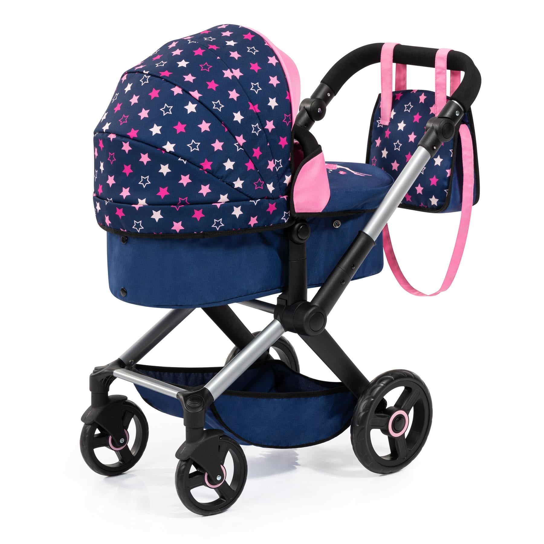 Bayer Xeo Doll Pram Navy Pink With Stars