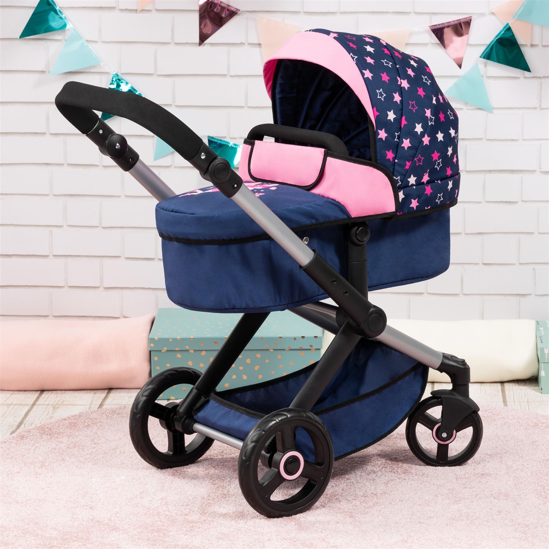 Bayer Xeo Doll Pram Navy Pink With Stars