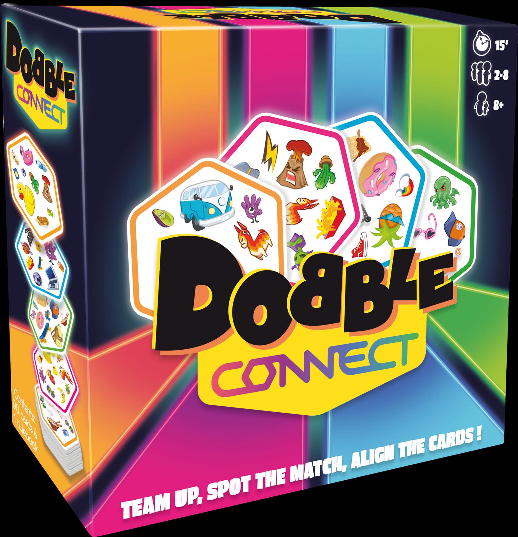 Board game box for 'Dobble Connect' with colourful design and text.