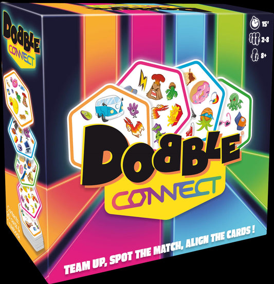 Board game box for 'Dobble Connect' with colourful design and text.