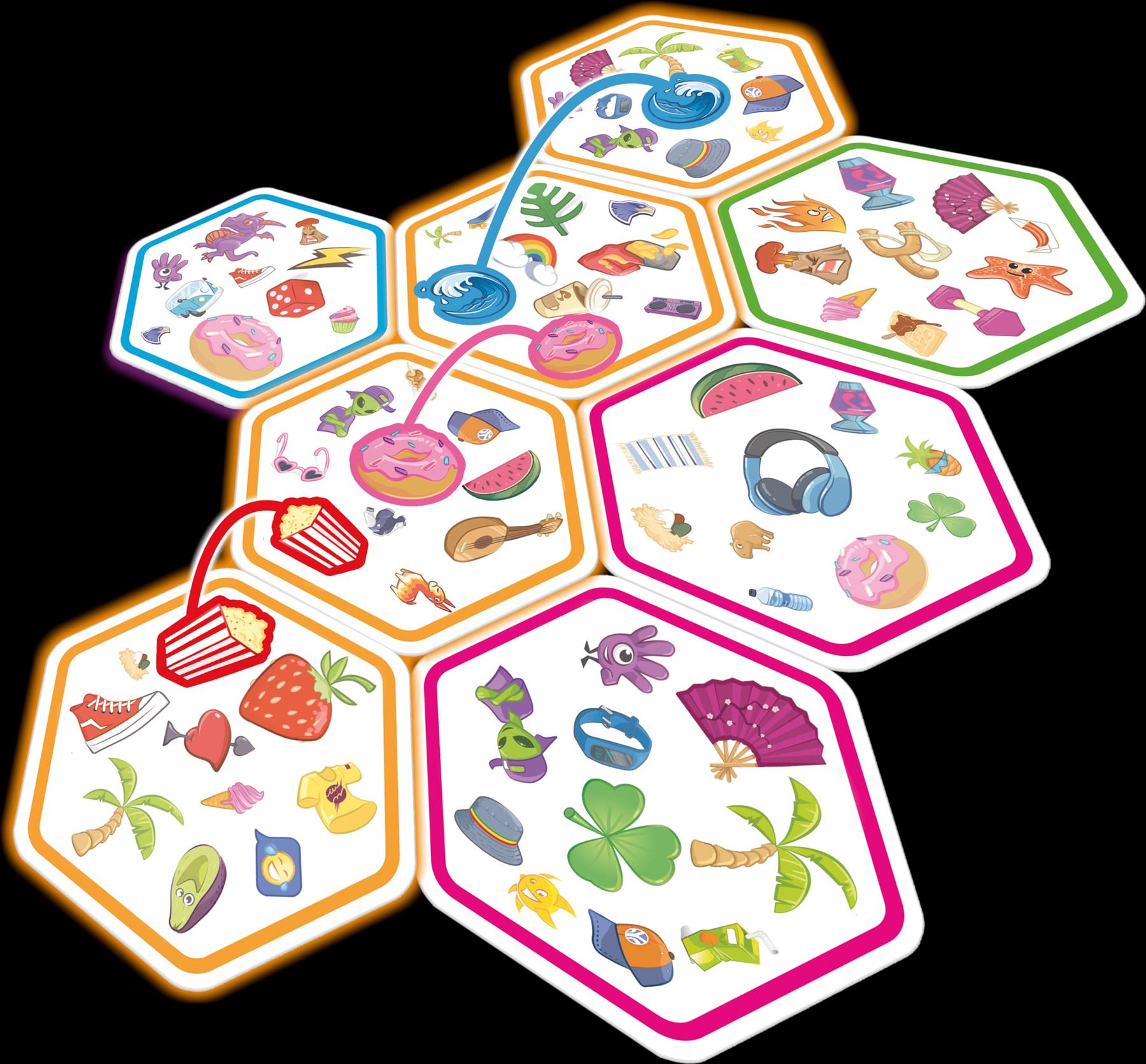 Hexagonal tiles with various symbols and designs on a black background