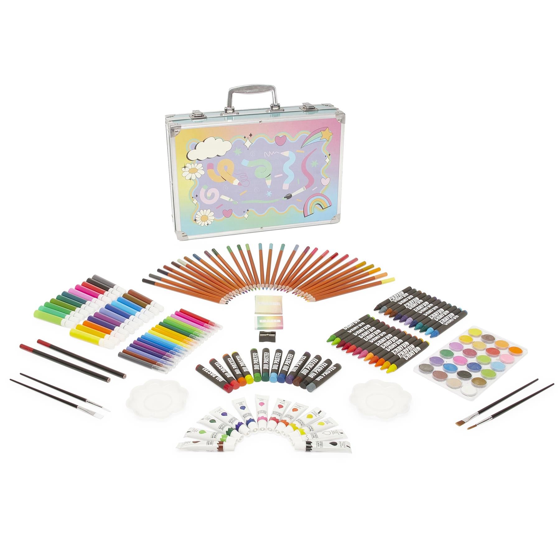 Toymania Mixed Media 163-Piece Kids Art Set in Rainbow Pastel Metal Carry Case