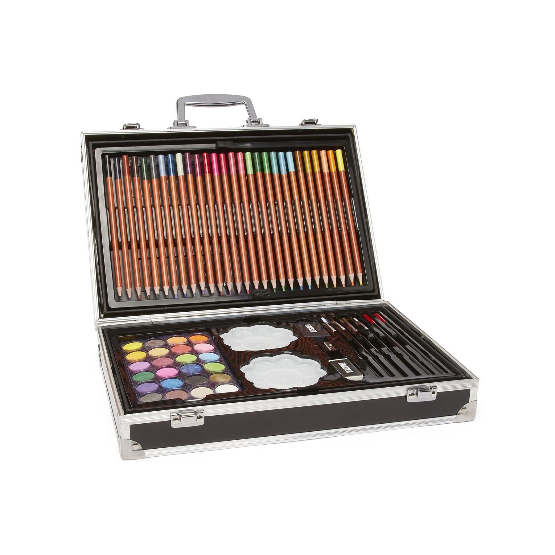 Toymania Mixed Media 163-Piece Kids Art Set with Black Geometric Metal Carry Case