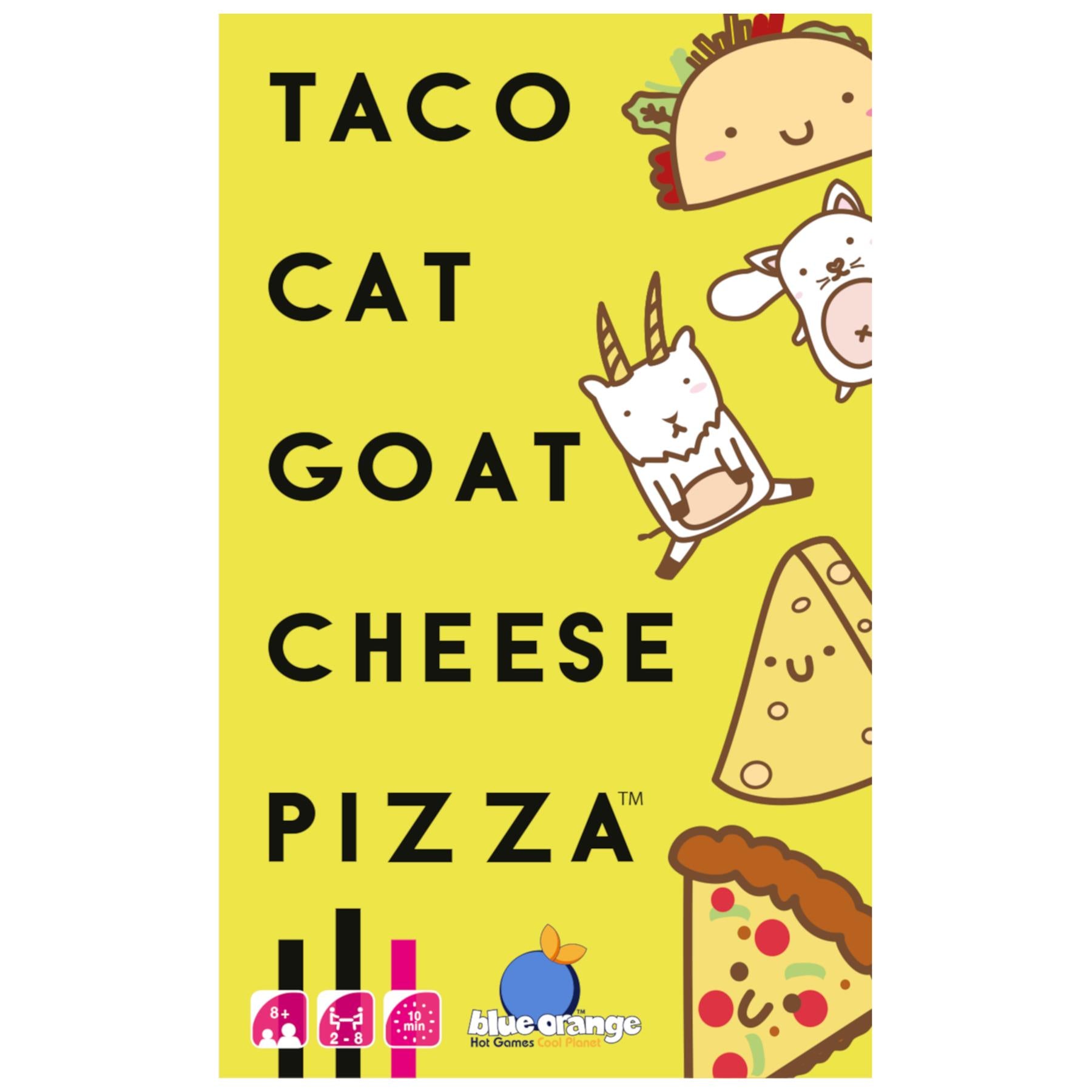 Game box for 'Taco Cat Goat Cheese Pizza' with cartoon characters and text on a yellow background