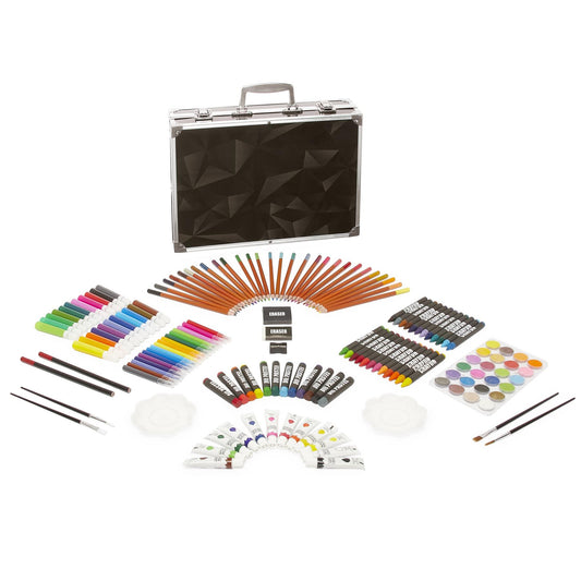 Toymania Mixed Media 163-Piece Kids Art Set with Black Geometric Metal Carry Case