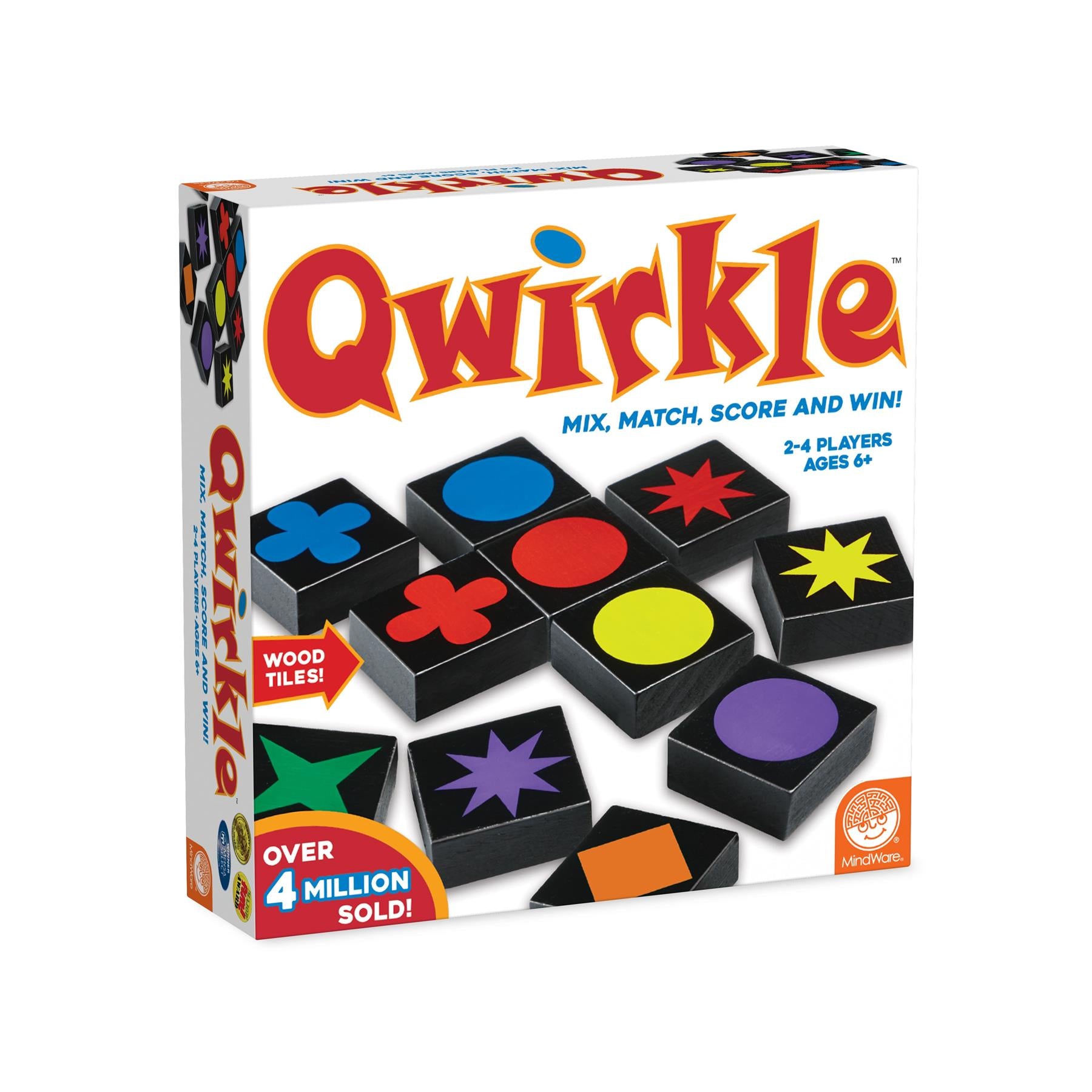 Qwirkle board game packaging with colorful tiles on a white background