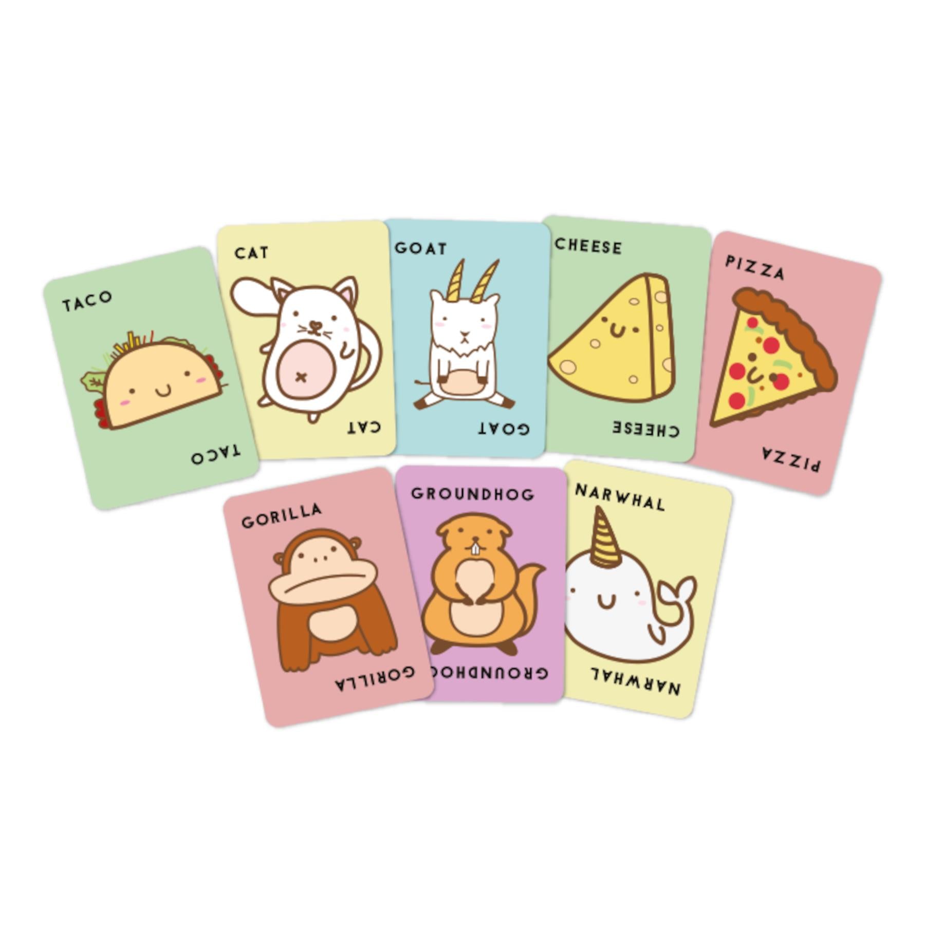 Set of colorful cards with cartoon illustrations and text on a white background