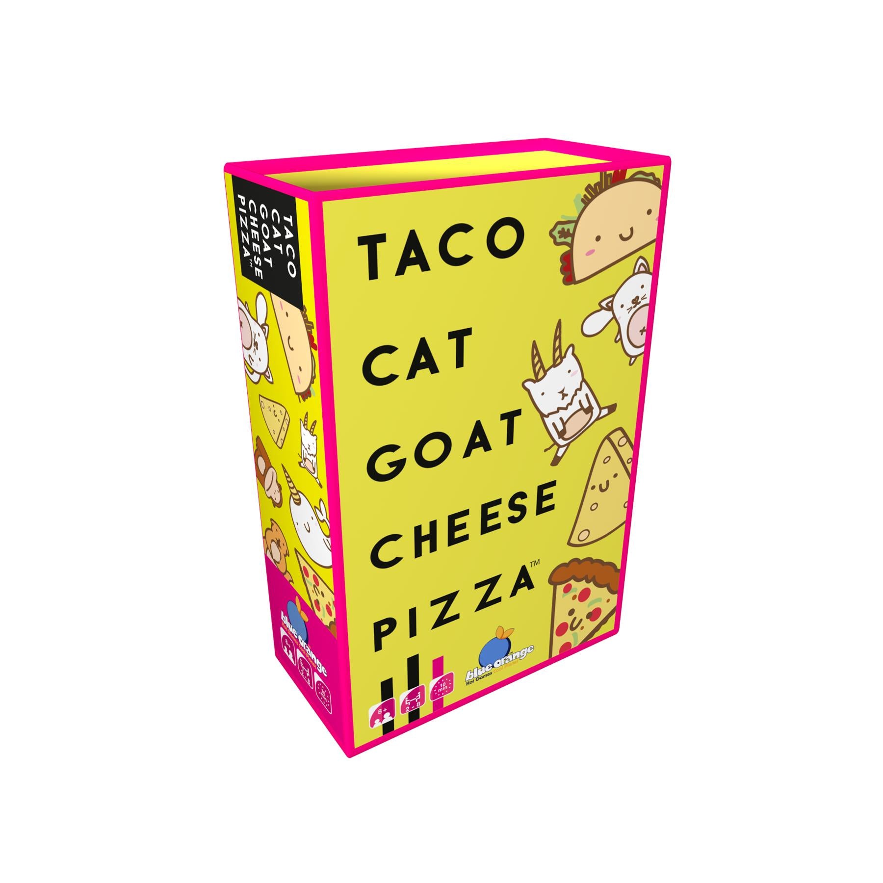 Box with 'Taco Cat Goat Cheese Pizza' text and cartoon illustrations on a yellow background