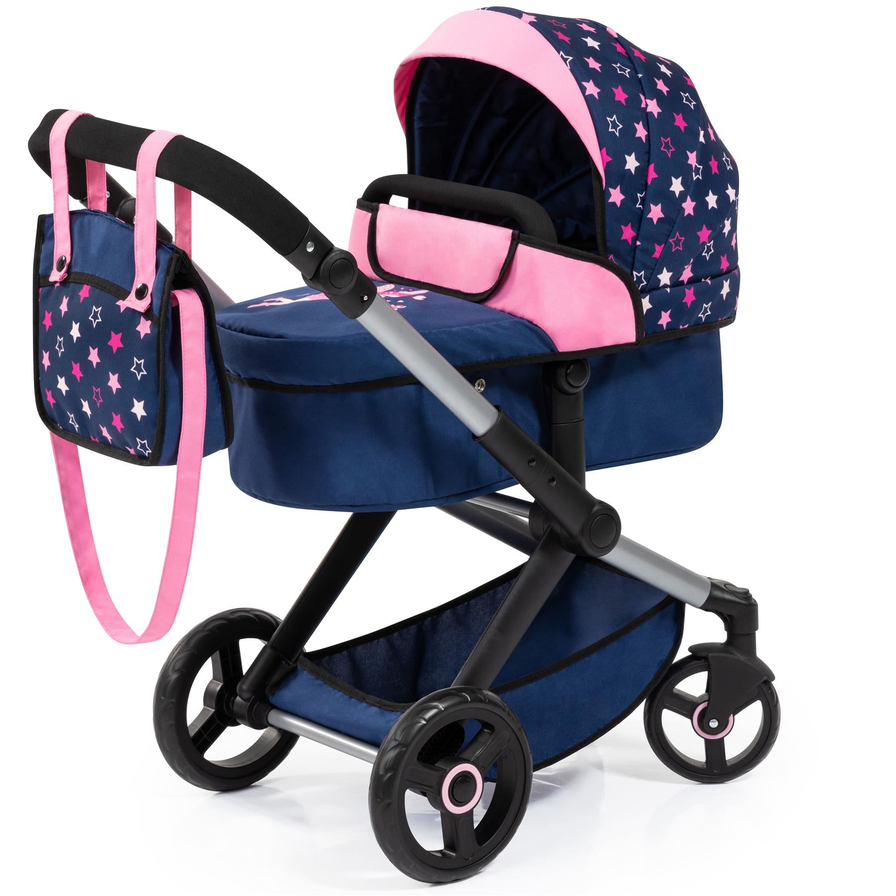 Bayer Xeo Doll Pram Navy Pink With Stars
