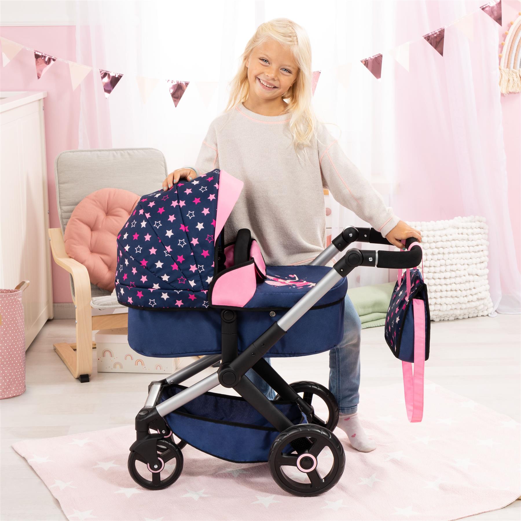 Bayer Xeo Doll Pram Navy Pink With Stars