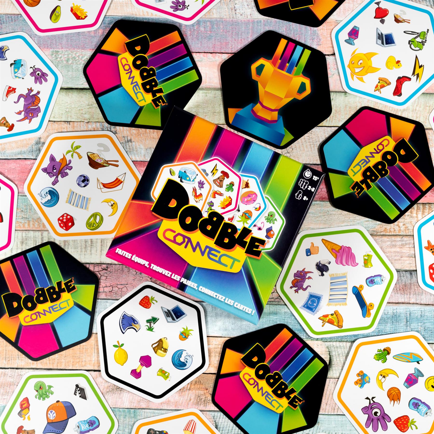 Colourful 'Double Connect' game pieces on a wooden surface
