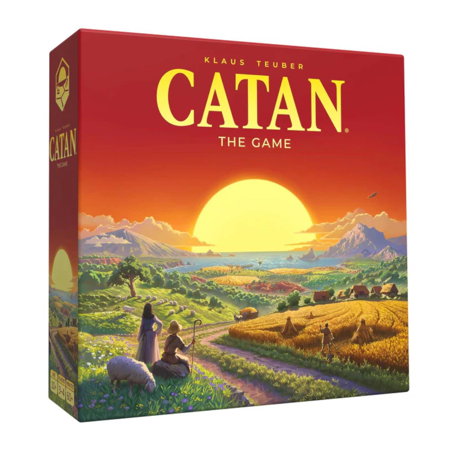 Board game box for 'Catan' with a scenic illustration of a village and sunset.
