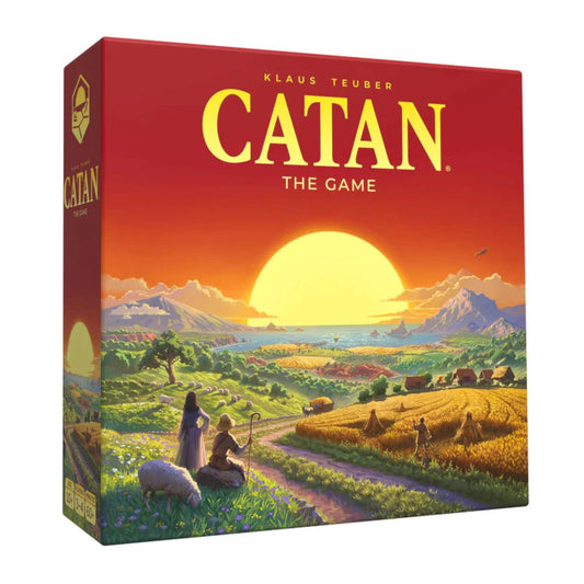 Board game box for 'Catan' with a scenic illustration of a village and sunset.
