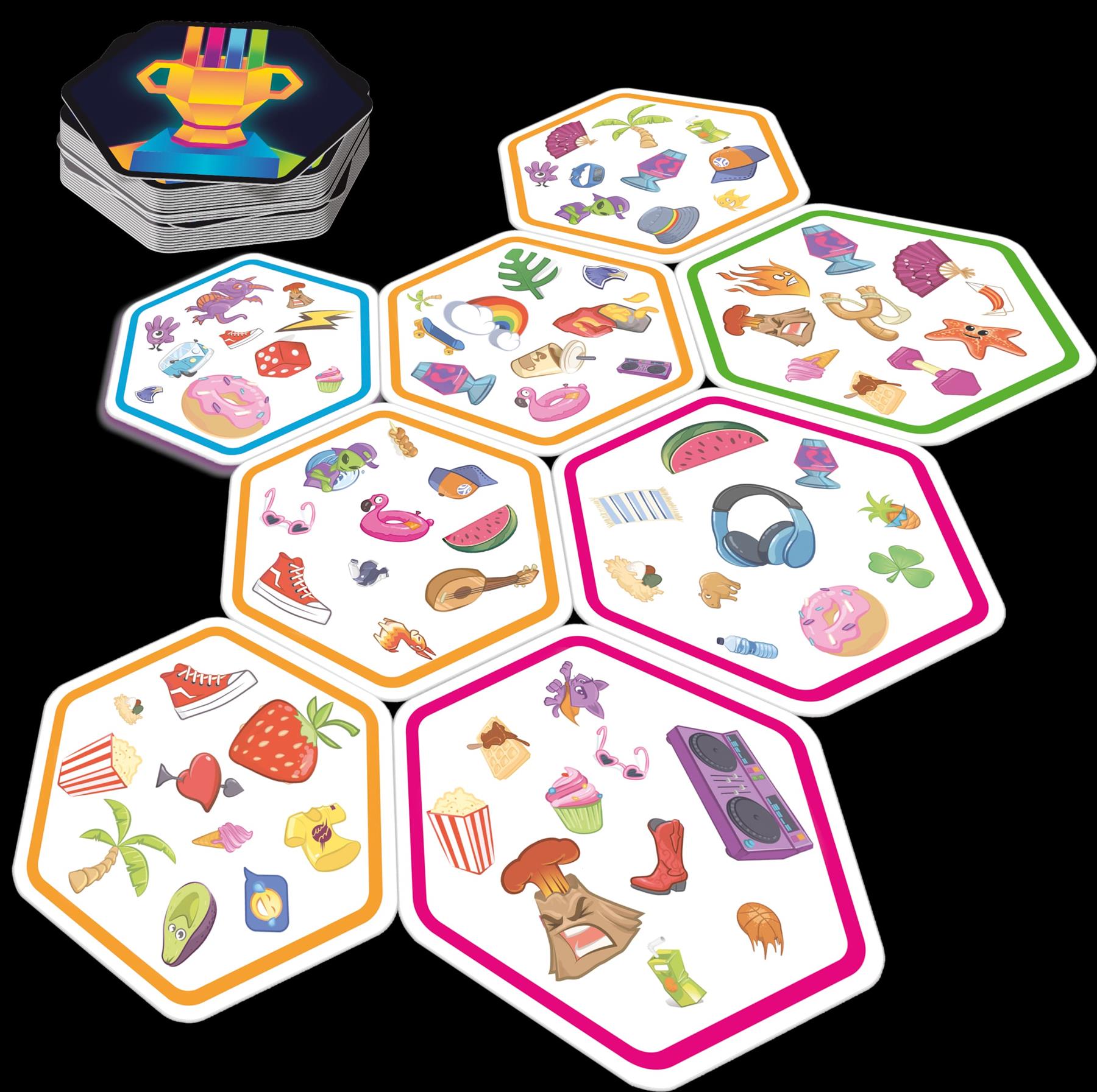 Colourful hexagonal cards with various illustrations on a black background