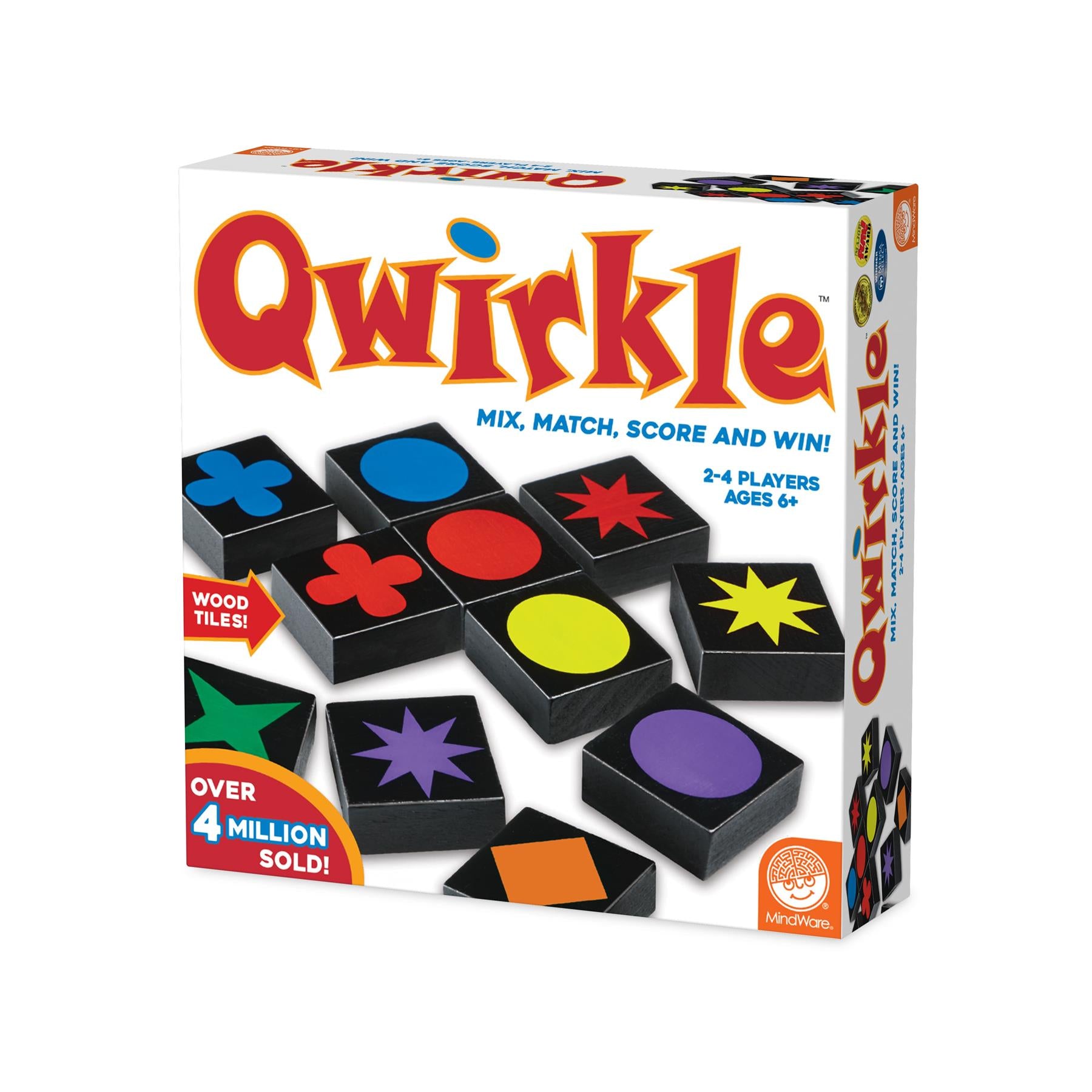 Qwirkle board game packaging with colorful tiles on a white background