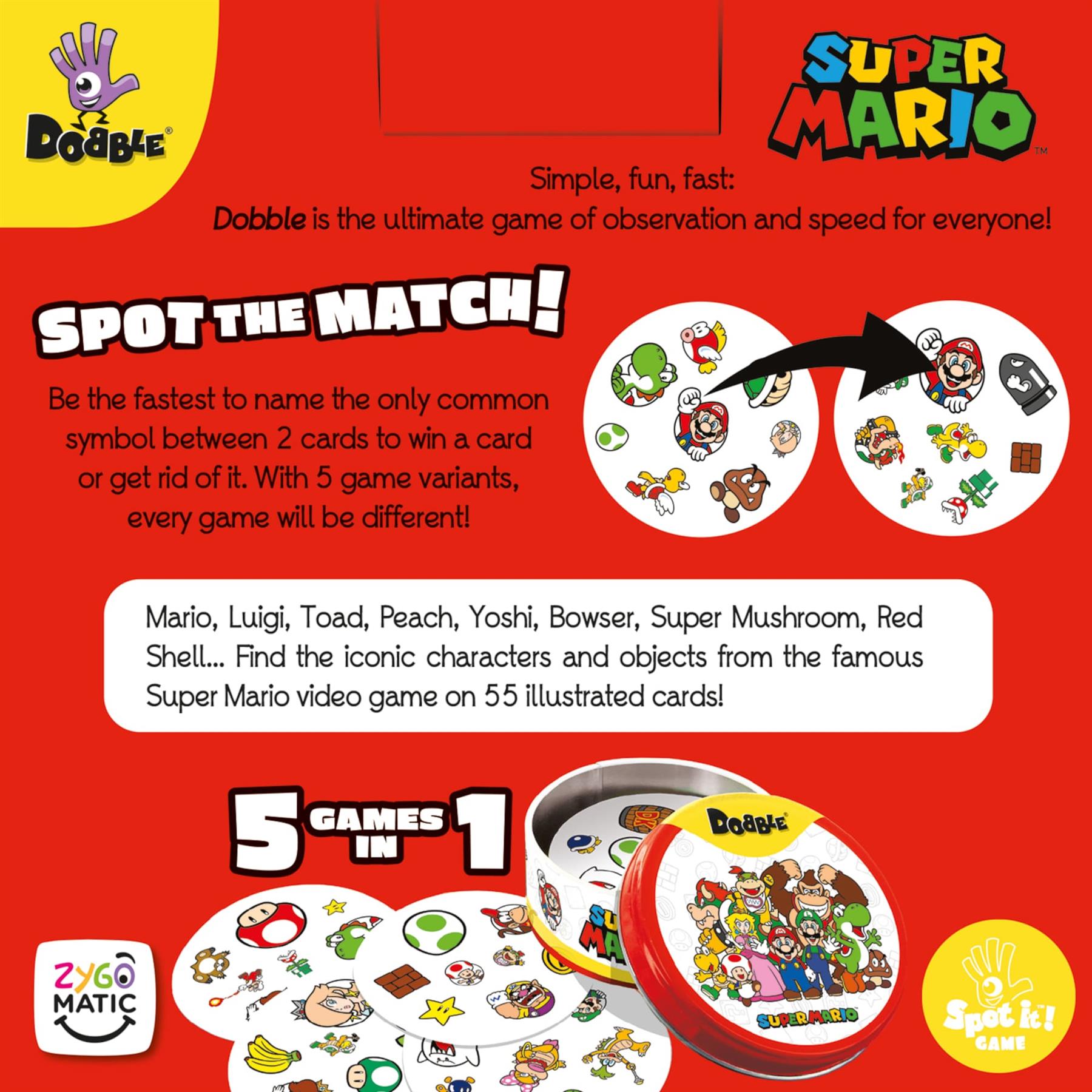 Dobble Super Mario card game packaging with game rules and character illustrations on a red background.