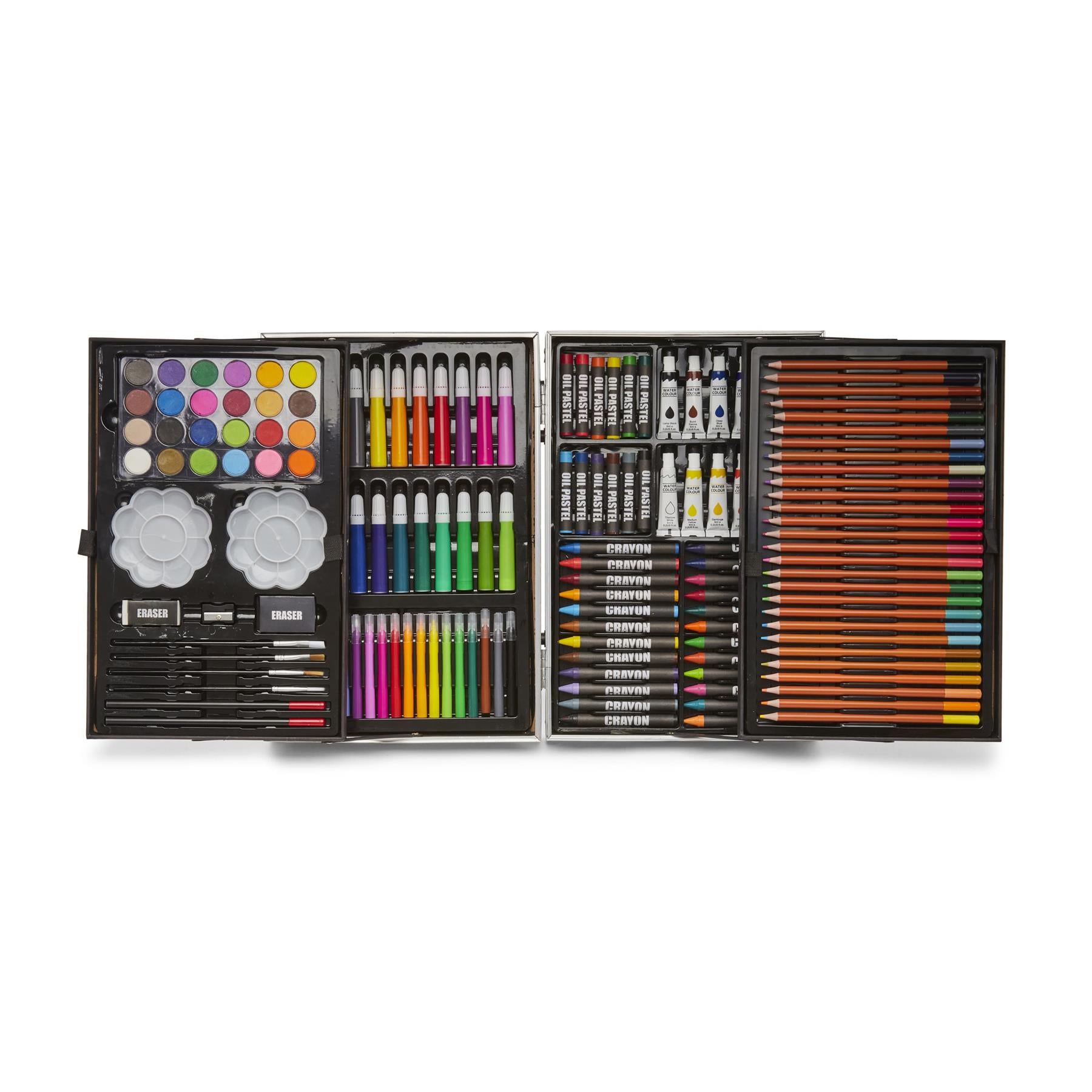 Toymania Mixed Media 163-Piece Kids Art Set with Black Geometric Metal Carry Case