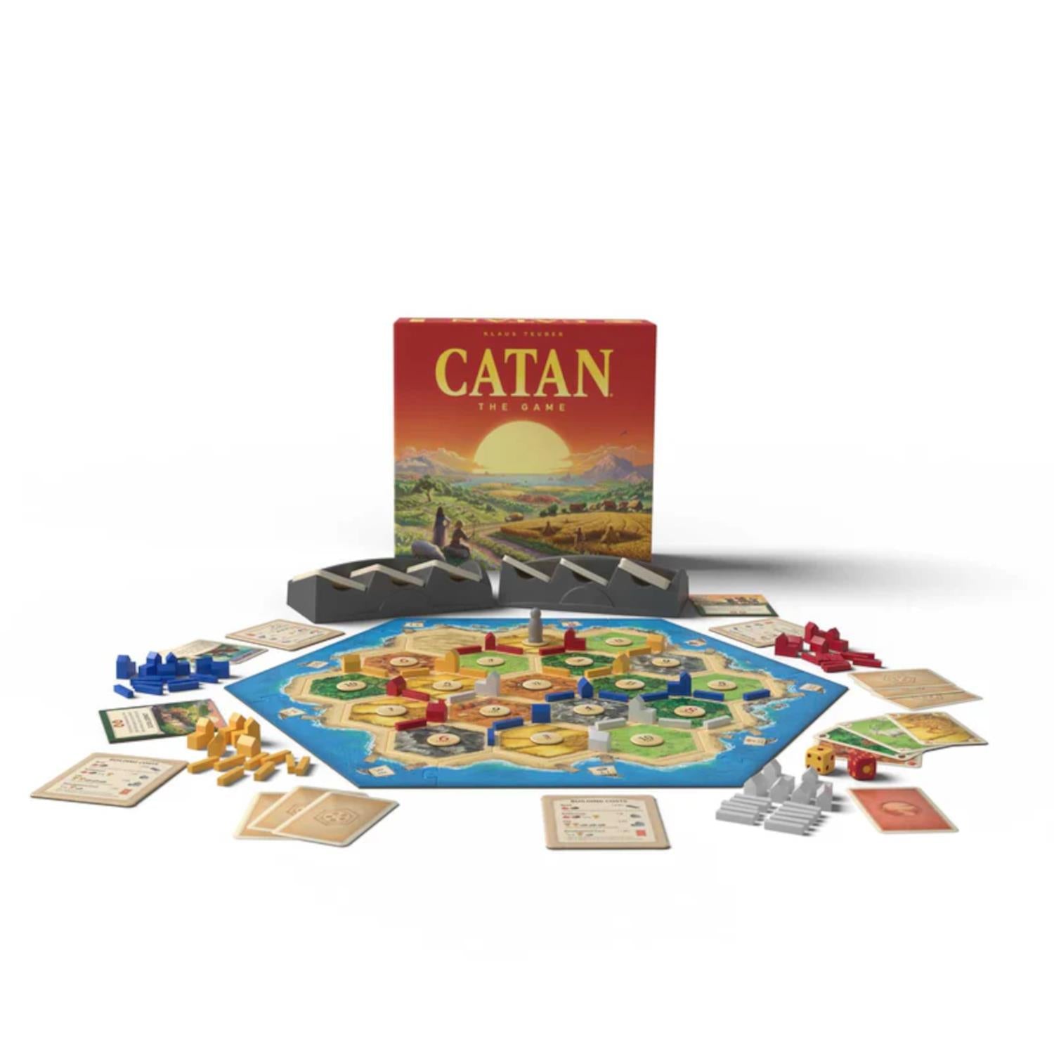 Catan board game set with pieces and box on a white background